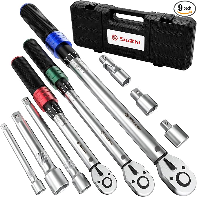 1/4 3/8 1/2 9PC Torque Wrench Set 20-220 In lb,5-45 &10-170 Ft lb,3 extension bar & 3 adapter,3% Accuracy,72 T,Chrome plated,anti-rust,no scratch & wear-resistant than Black,for DIY, bike,car & truck