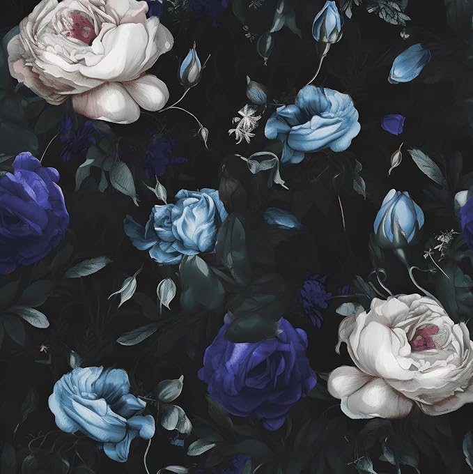 Gothic Dark Blue Rose Floral Wallpaper Peel and Stick 17.5"x118" | Self Adhesive/Removable/Waterproof/Thick Vinyl Vintage Contact Paper for Bathroom Bedroom Shelf Cabinet Drawer,Prepasted