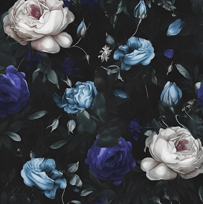 Gothic Dark Blue Rose Floral Wallpaper Peel and Stick 17.5"x393" | Self Adhesive/Removable/Waterproof/Thick Vinyl Vintage Contact Paper for Bathroom Bedroom Shelf Cabinet Drawer,Prepasted