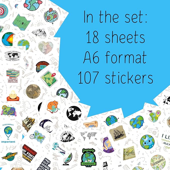 BulbaCraft 100Pcs Geography Stickers for Water Bottle and Laptop - Geography Party Supplies & Decorations, Waterproof Vinyl Decals, Maps and Landmarks Stickers, Gifts for Women & Men