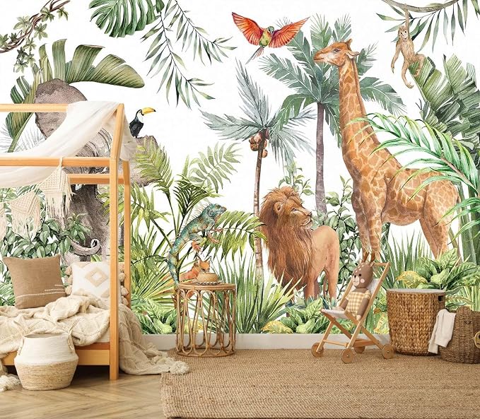 Jdayda Safari Wallpaper Hand Painted Elephants Giraffes Monkeys Lions | 149"x107" Tropical Palm Trees Jungle Forest Wall Mural for Bedroom Living Room Baby Nursery