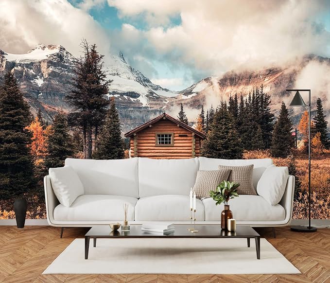 Toolhom Assiniboine Mountain Chalet Mural in Autumn Forest | 127"x77" non-self-adhesive for Living Room, Dining Room, Bathroom Backdrop Decoration