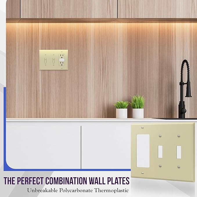 ENERLITES Combination Double Toggle/Single Decorator Rocker Outlet Wall Plate, Standard Size 3-Gang Light Switch Cover(4.5" x 6.38"), Polycarbonate Thermoplastic, UL Listed，881231-I, Ivory