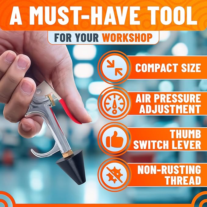 Air Nozzle Blow Gun for Compressor - Stainless Steel Air Gun Blower with Pressure Adjustment, Rust-Resistant Brass Thread, Rubber Tip, Thumb Switch Lever - Compact HVAC Tools for Cleaning Tight Spaces