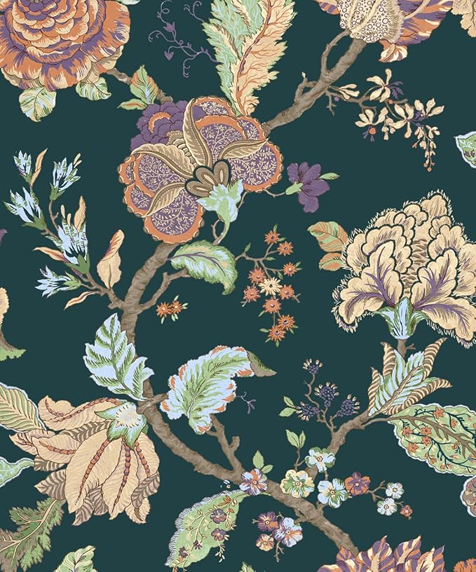 NextWall Kianna Jacobean Floral Peel and Stick Wallpaper (Victorian Jade)