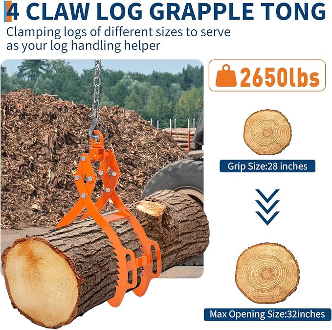 Garvee Log Lifting Tongs 36in,4 Serrated Claw Hook Log Tongs,3606Lbs Capacity Heavy Duty Timber Claw Hook, Logging Tools for Tractors, Trucks, Forklifts, ATV Logging, Lumber Handling