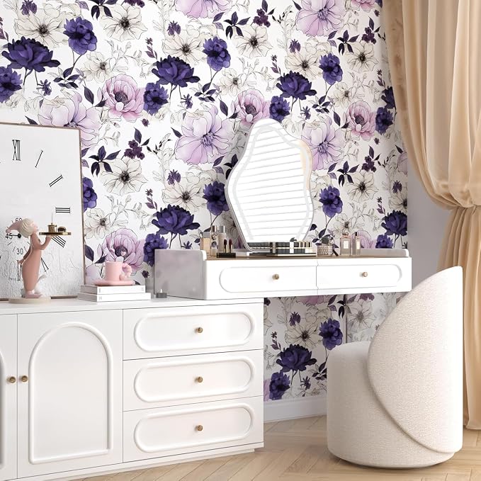 Floral Botanical Peel and Stick Wallpaper 17.5" x 393",White/Purpel | Self Adhesive/Removable/Waterproof/Thick Vinyl Contact Paper for Bathroom Bedroom Shelf Cabinet Drawer,Prepasted,Easy Peel