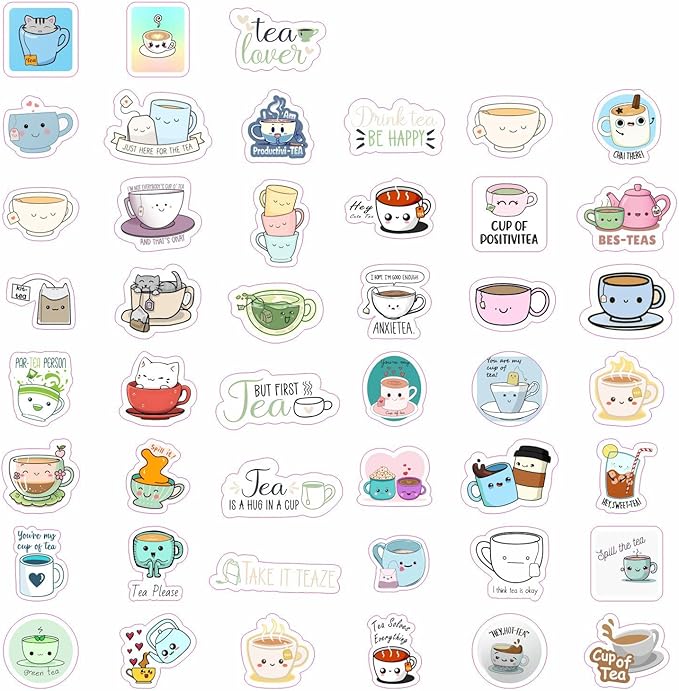BulbaCraft Cute Tea Cup Stickers, Tea Stickers for Water Bottle and Laptop - Tea Cup Party Supplies & Decorations, Waterproof Vinyl Drink Decals, Gifts for Women & Men