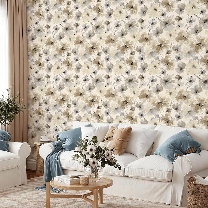 Floral Peel and Stick Wallpaper, Beige Yellow Watercolor Flower Contact Paper Peel and Stick for Bedroom Bathroom, Vintage Removable Waterproof Self Adhesive Wall Paper 240 x 17.3in, 28.84 sq.ft