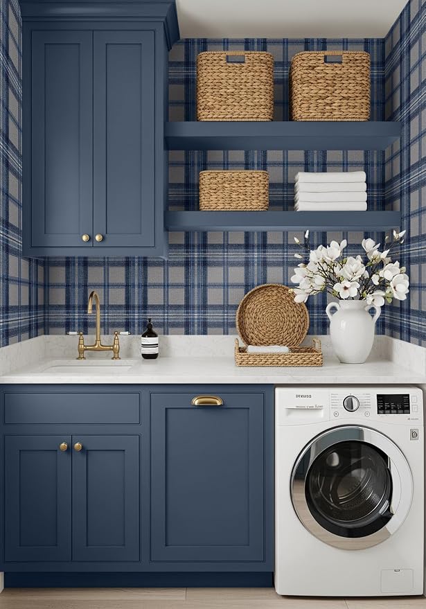 NextWall Harry & Grace Herringbone Plaid Premium Matte Non-Woven Peel and Stick Wallpaper (Blue Smoke)