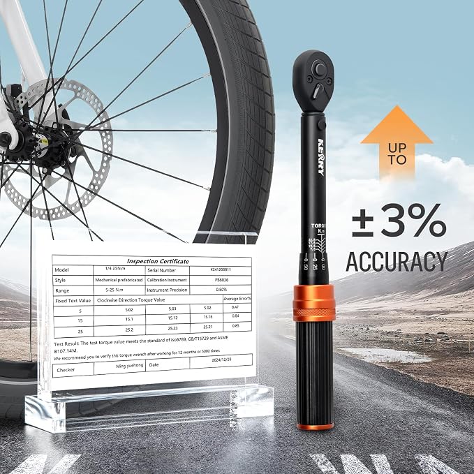 Kerry 1/4 Inch Drive Bike Torque Wrench Set, 20-240 in-lb, 27-Piece | ±3% Accuracy, Dual Scale, Click Feedback, 72-Tooth Reversible Ratchet Head and Complete Accessory Set for Bicycle Maintenance