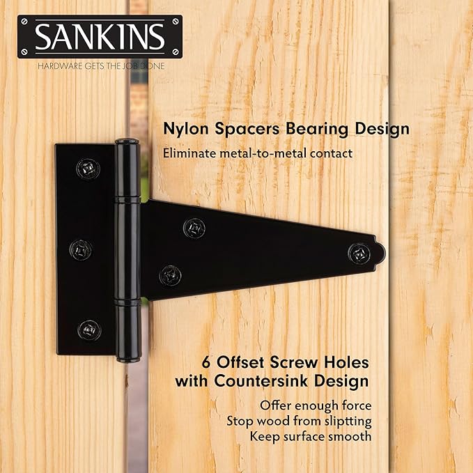 4 Inch T-Strap Shed Door Hinges Heavy Duty, Black Tee Gate Hinges for Wooden Fences, Yard Door, Barn Door Gates, Wrought Hardware Rustproof, 4Pack