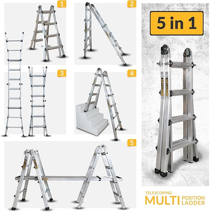 Metaltech E-MTL7100AL Jobsite Series 18-ft.-Reach Aluminum Telescoping Multi-Position Step Ladder for Home Improvement and Construction, Multipurpose Extension Ladder, Step Ladder, Scaffolding Support