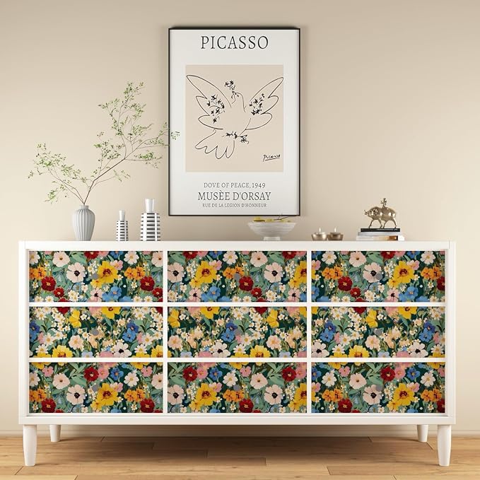 BOKEBEVE Floral Wallpaper Peel and Stick Boho Green Yellow 17.5 x 393.5In | Extra Long Removable Renter Friendly Vintage Watercolor Wall Paper for Bedroom Bathroom Living Room Feature Accent Wall