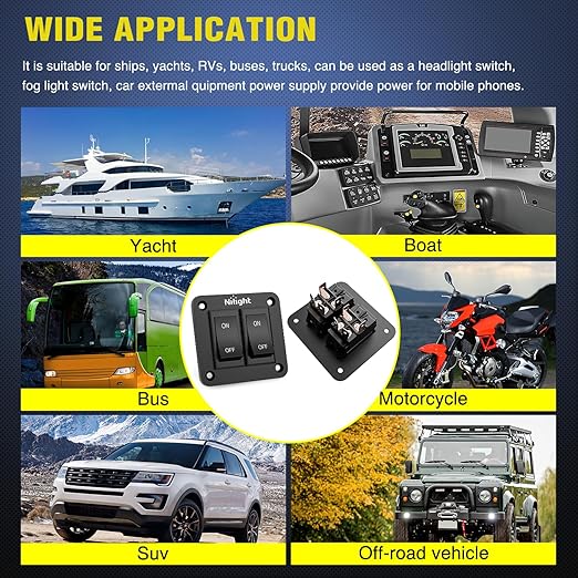 Nilight 2 Gang ON-Off Switch Panel 4 PIN DPST Toggle Switches 12V 20A Black Anodized Aluminium Shell Bracket with Screws Ternimals Jumper Wires Set for Cars Trailers Boats RV Camper