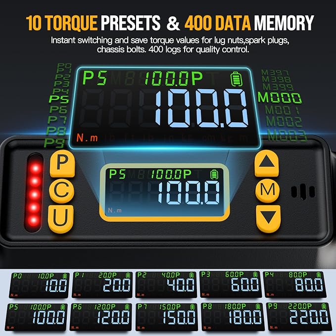3/8 Digital Torque Wrench Set for Automotive 0-220Nm ±1% Precision | 1/2 1/4 3/8 Drive, LED+Buzzer Alerts, 10 Presets & 400 Data Logs, Preset/Real-Time/Peak/Modes for Car Repair & Maintenance