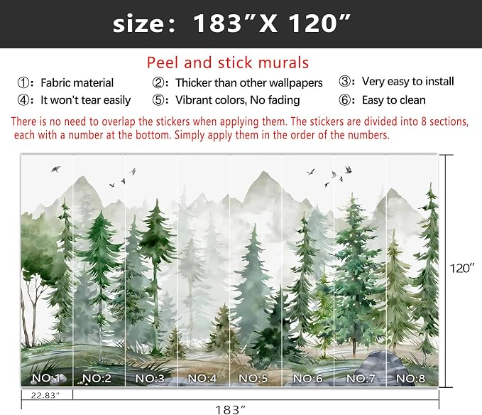 YIHWM-Peel and Stick Nursery Forest Wallpaper Watercolor Pine Tree Mural | Tear-resistant,with a substantial feel;Will not be damaged during repositioning.Boy's Room,kids room wallpaper.XXL-183"x120"