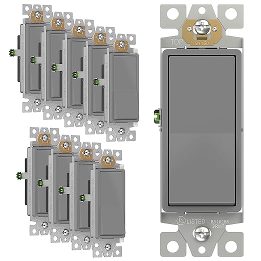 ENERLITES Decorator Paddle Rocker Light Switch, Gloss Finish, Single Pole, 3 Wire, Grounding Screw, Residential Grade,15A 120V/277V, UL Listed, 91150-GY-10PCS, Gray (10 Pack)