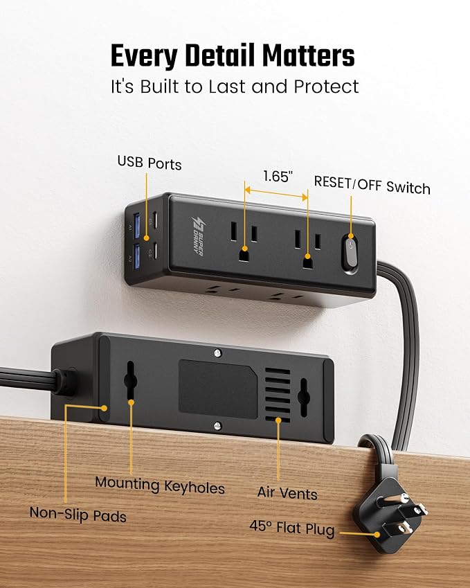 15 Ft Extension Cord with Multiple Outlets, Long Extension with 6 Outlets 4 USB Ports(2 USB C), Flat Plug Surge Protector Power Strip for Home, Office Supplies, Dorm Essentials, Black