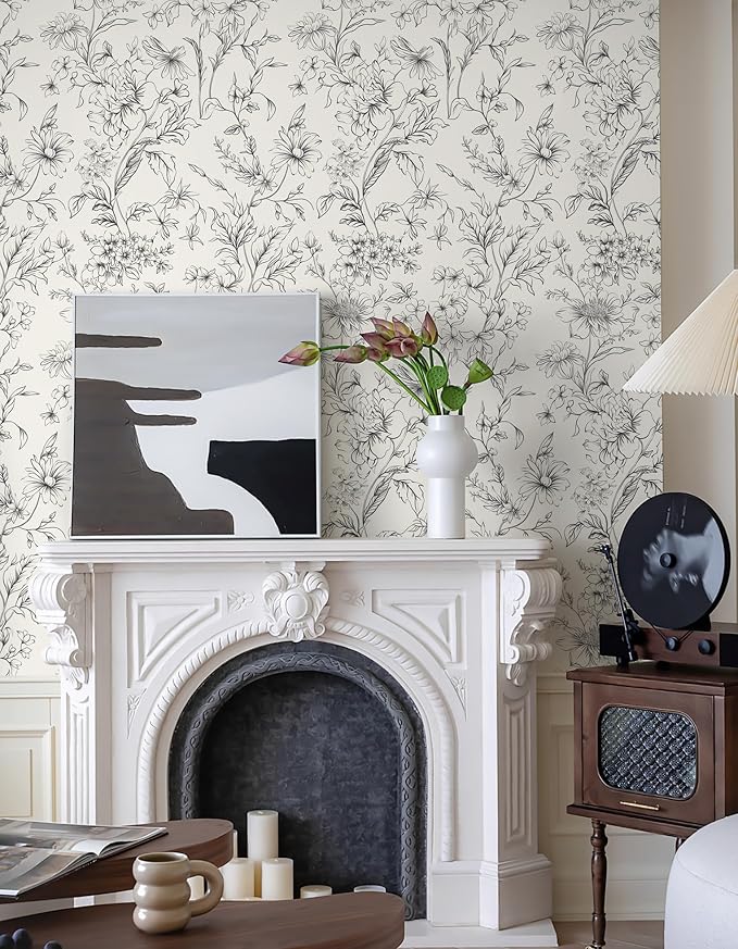 Hopepak Black and Cream White Wallpaper Floral Peel and Stick Wallpaper 17.3" x 78.7" Self Adhesive Removable Vintage Wall Paper for Bedroom Flower Boho Contact Paper for Cabinets Drawers Vinyl