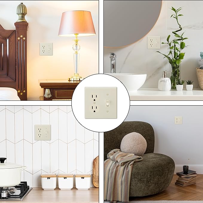 Bates- 2-Gang Combination Wall Plate, 4.5"x 4.57"/Standard Size, Ivory, Toggle Light Switch/Duplex Receptacle Outlet, 2 Gang Wall Plate for Electrical Outlets, Double Outlet Cover Plate