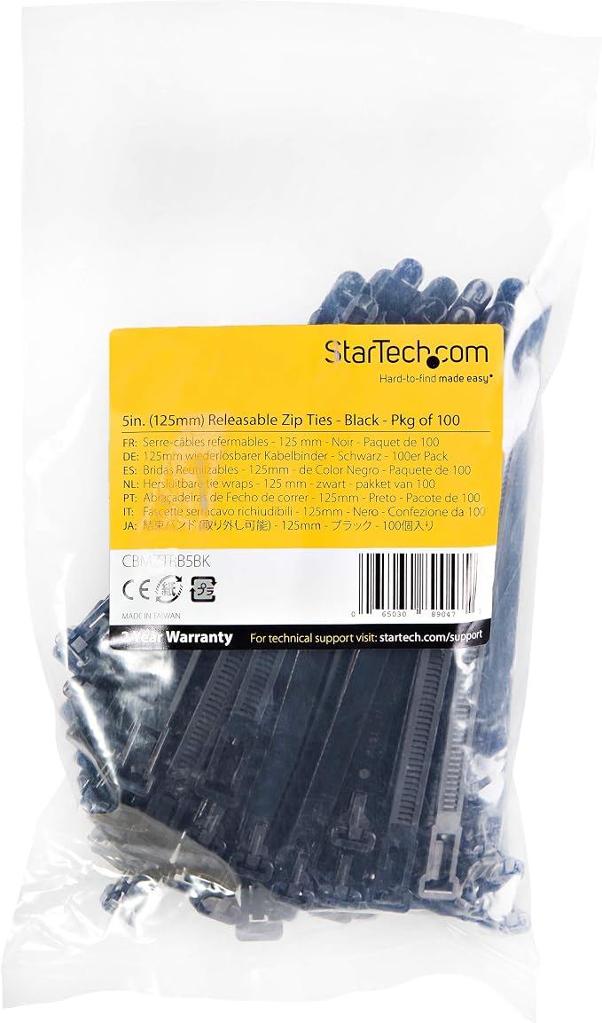 StarTech 5"(12cm) Reusable Cable Ties, 100 Pack, Black, TAA (CBMZTRB5BK) | 94V-2/UL Listed, 1/4"(7mm) wide, 1-1/8"(30mm) Bundle Dia. 50lb(22kg) Tensile Strength, Releasable Nylon Ties, Indoor/Outdoor