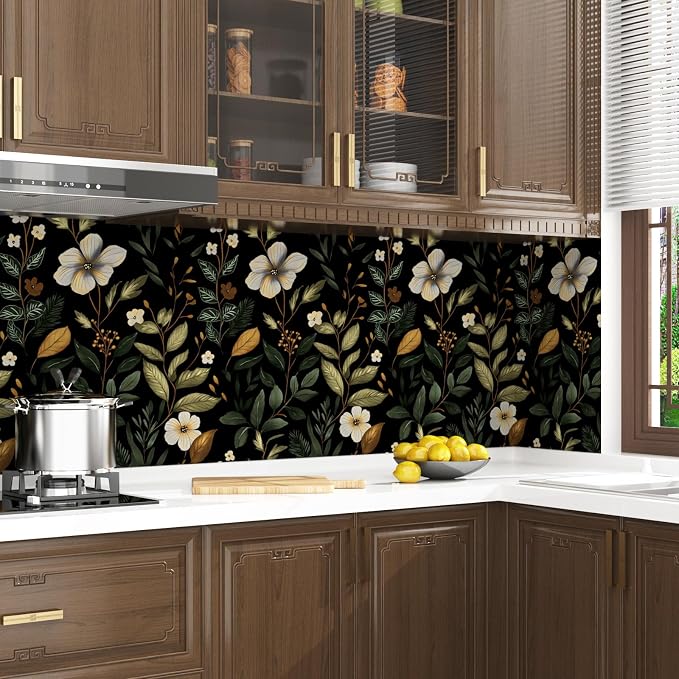 Dark Green Floral Leaf Vintage Wallpaper Peel and Stick 17.5''x118'' | Self Adhesive/Removable/Waterproof/Thick Vinyl Contact Paper for Bathroom Bedroom Shelf Cabinet Drawer,Prepasted,Easy Peel
