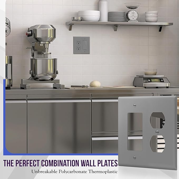 ENERLITES Combination Duplex Receptacle Outlet/Decorator Switch Wall Plate, Mid-Size 2-Gang 4.88" x 4.92", Polycarbonate Thermoplastic, 882131M-GY, Gray