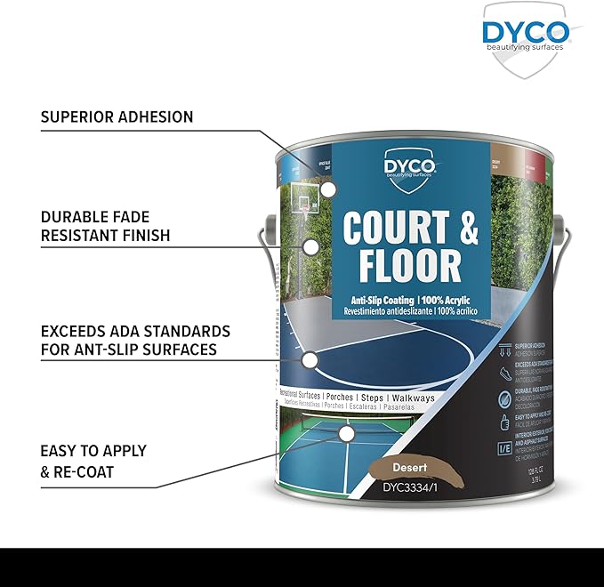 DYCO Court & Floor Anti-Slip Coating - Slip-Resistant Pavement, Cement & Concrete Paint for Pickleball, Tennis & Basketball Courts, Exceeds ADA Standards for Safety Areas (Desert, 1 Gallon)