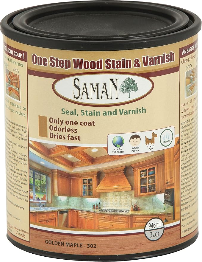 SamaN Interior One Step Wood Seal, Stain and Varnish – Oil Based Odorless Dye - Protection for Furniture and Fine Wood (Golden Maple SAM-302, 32 oz)