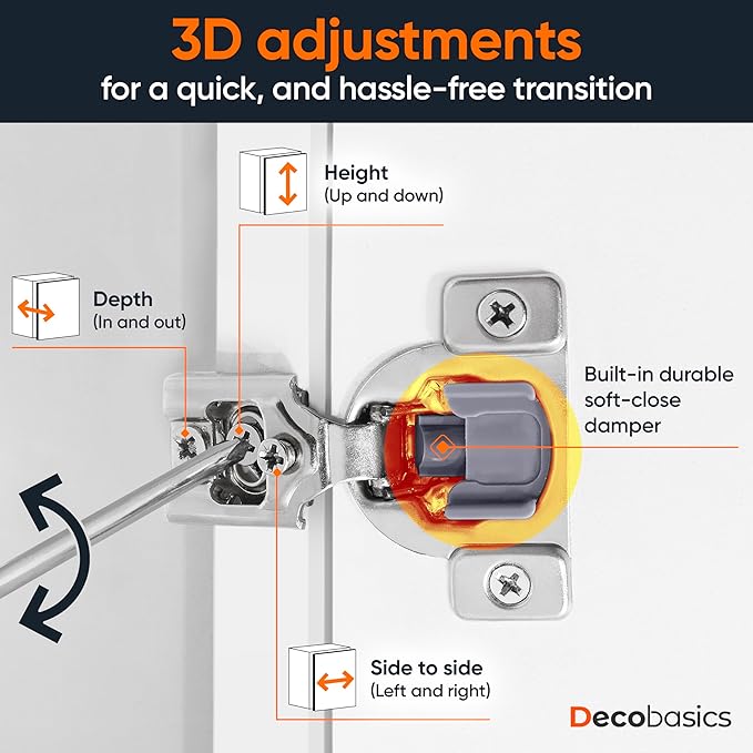 Decobasics 50 Pack Soft Close Cabinet Hinges – 3/4" Overlay for Kitchen Cabinet Doors, Face Frame Concealed Hidden Hinges – Stainless Steel, Self-Closing with 3-Way Adjustment & Slow Close Damper