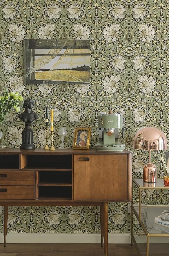 HAOKHOME Vintage Floral Wallpaper Peel and Stick Botanical Sage Green/Yellow Wall Murals Home Kitchen Bedroom Decor by William Morris 17.3in x 6.6ft