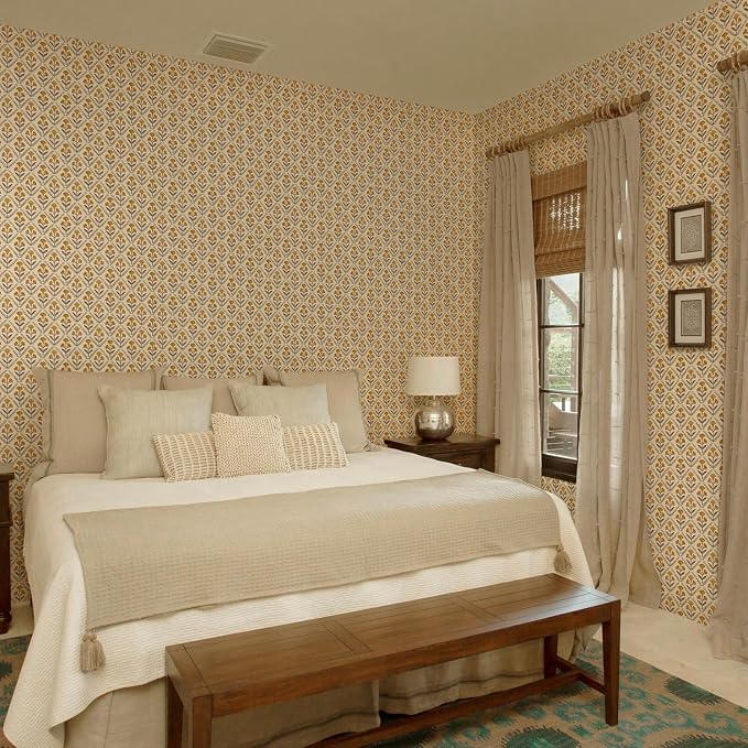 Dimoon 787.4"x17.3" Peel and Stick Wallpaper Floral Cute Contact Paper Vintage Village Country Cottage Wallpaper Farmhouse Yellow Beige Renter Friendly Geometry Waterproof Embossed Kitchen Bedroom