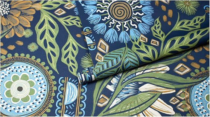 HAOKHOME Peel and Stick Wallpaper Boho Retro Floral Wall Paper Navy Blue Mustard for Bathroom Kitchen Accent Wall 17.3in x 9.8ft