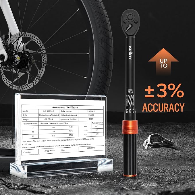 Kerry 3/8 Inch Drive Click Torque Wrench, 5-50 ft-lb/6.8-67.8 Nm | ±3% Accuracy, Dual Scale, 72-Tooth Reversible Ratchet, Quick Release and Locking Adjustment with Case for Motorcycles, Cars