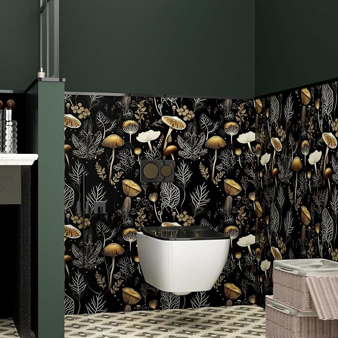 Laatse Boho Wallpaper Peel and Stick Dark Floral Contact Paper 17.5" x 197" Vinyl Self Adhesive Vintage Mushrooms Wall Mural Leaf Wall Paper for Room Countertop Drawer Decor(Golden,Black)