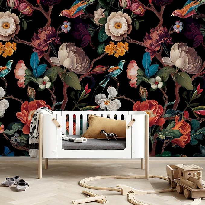 Zeeko Vintage Floral Wallpaper Peel and Stick Large Black Flower Wall Murals for Bedroom TV Background Wall Paintings Art Deco 148" W x 98" H