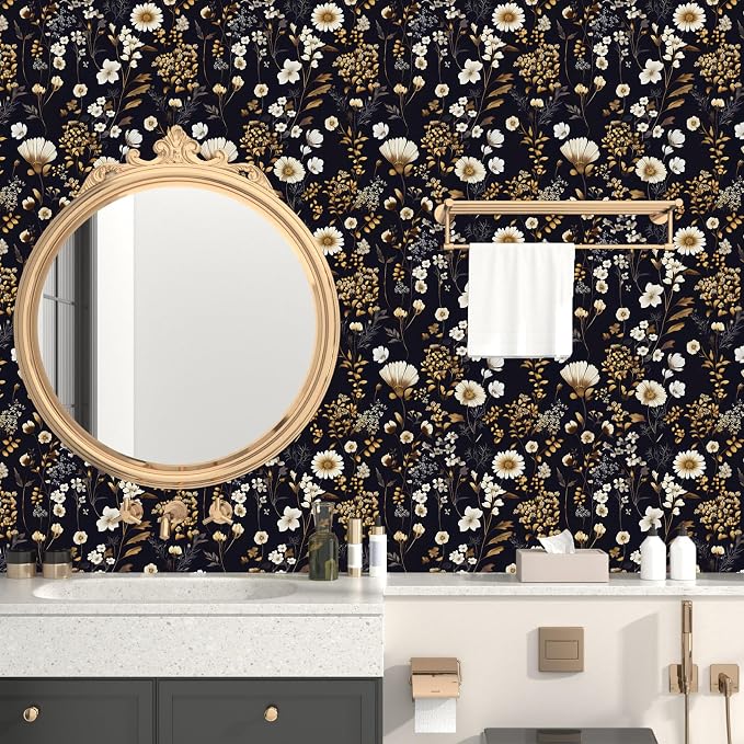 Dark Floral Gold Leaf Vintage Wallpaper Peel and Stick 17.5''x393'' | Self Adhesive/Removable/Waterproof/Thick Vinyl Contact Paper for Bathroom Bedroom Shelf Cabinet Drawer,Prepasted,Easy Peel