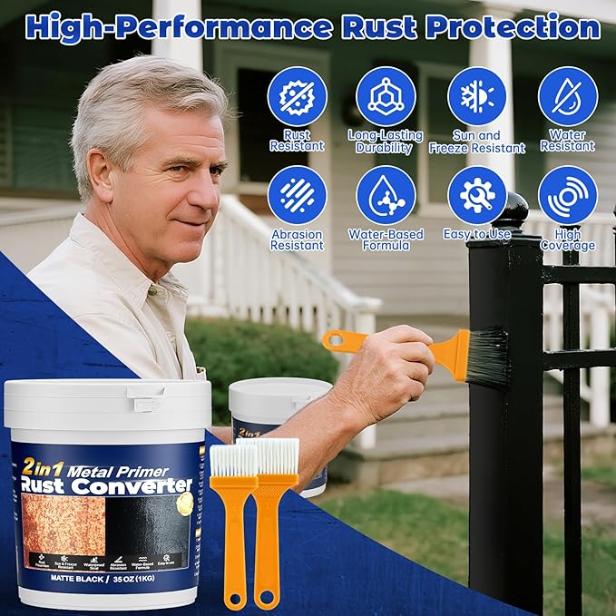 2-in-1 Rust Converter & Metal Primer - 35 oz Black Rust Inhibitor Paint for Metal Protection, Long-lasting Anti-Rust Coating for Automotive, Iron Fence, Garage Door, Outdoor Furniture