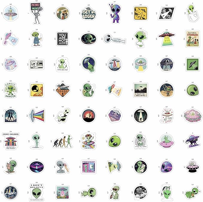 100Pcs UFO Stickers for Water Bottle, Laptop – Alien Stickers and Decals – UFO Gifts - Alien Party Supplies & Decorations - Gifts for Men & Women