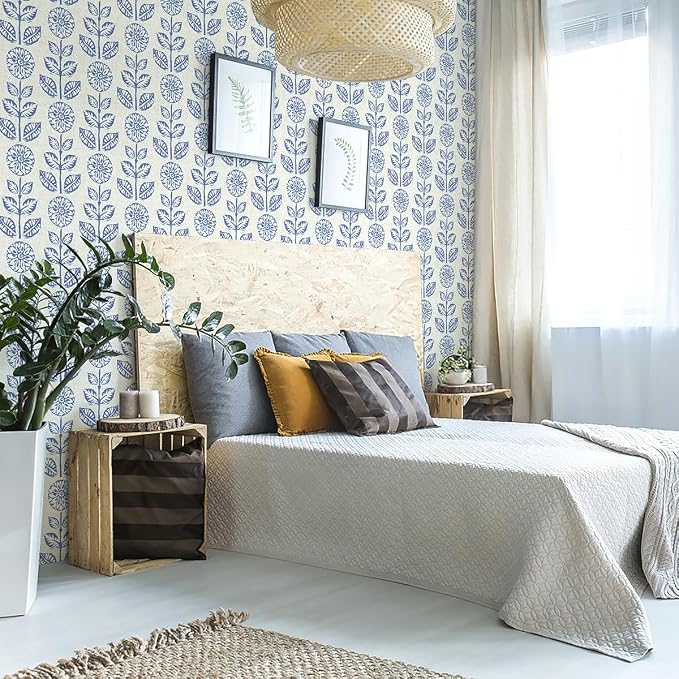 Wudnaye Blue Floral Peel and Stick Wallpaper Blue and White Contact Paper 17.7in×196.8in Vintage Floral Self Adhesive Wallpaper Navy Removable Tulip Wall Paper Waterproof for Bathroom Farmhouse Decor