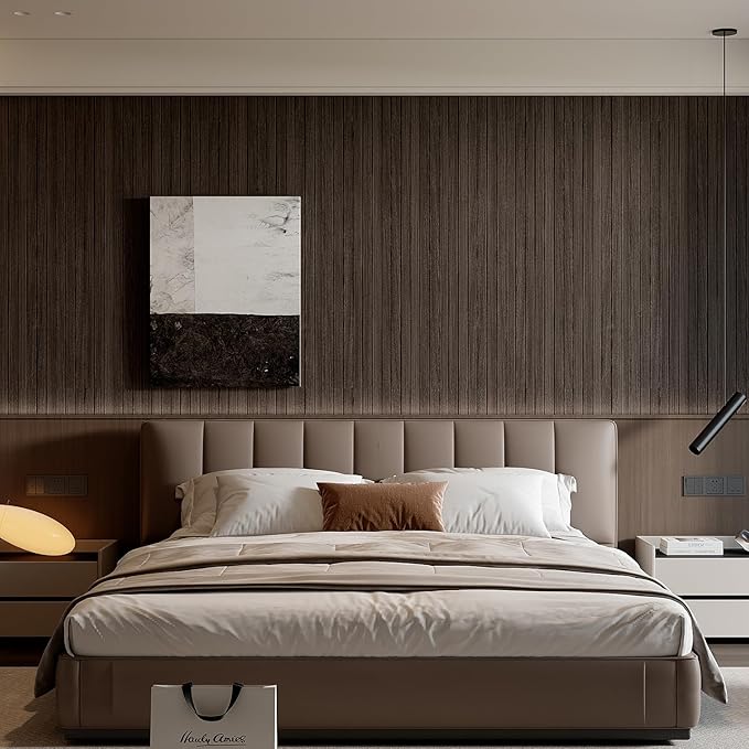 YU LI 3DH Peel and Stick PVC Slat Wall Panel 236"x15.75" Self-Adhesive Thick Faux Smoked Wood Grain Wallpaper Panel 3D Soundproof Wall Panels for Walls & Ceilings