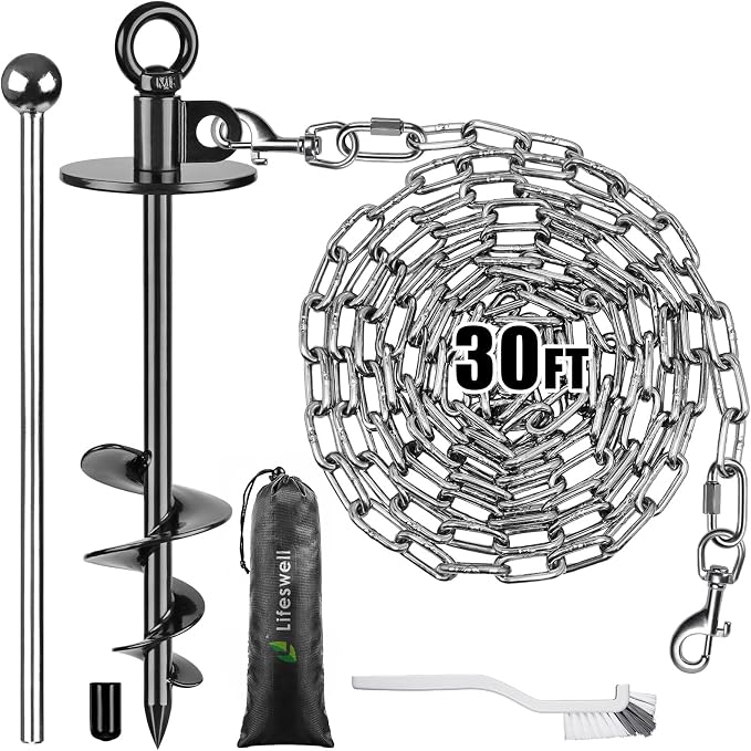 Dog Tie Out Chains and Stake, 30ft Chew Proof Stainless Steel Dog Chains for Outside, 15" Heavy Duty Dog Anchor for Dogs Up to 125lbs, Fully Welded, No Tangle, Ideal for Yard and Camping