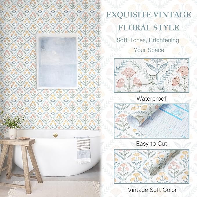 Dimoon 17.3''x78.7'' Peel and Stick Wallpaper Floral Boho Contact Paper Cute Vintage Village Wallpaper Farmhouse White Blue Renter Friendly Geometry Grid Waterproof Embossed Kitchen Bedroom Vinyl