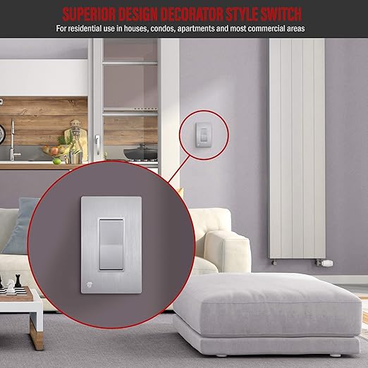 ENERLITES Elite Series Decorator Light Switch with Brushed Screwless Wall Plate, Single Pole, 3 Wire, Grounding Screw, Residential Grade, 15A 120V, UL Listed, 91150-SVWBP, Silver with Wall Plate