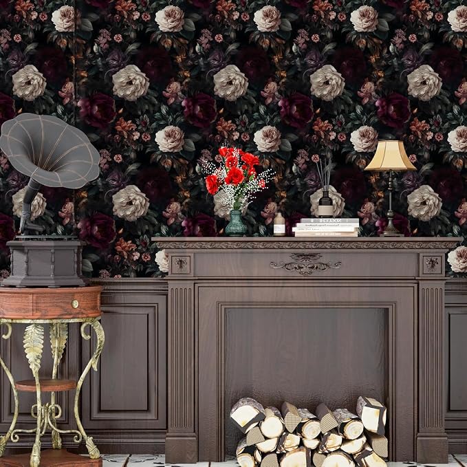 ILHIIOR Black/Pink Floral Peel and Stick Wallpaper 17.5 x 393 Inches | Leaf Removable Self Adhesive Waterproof Contact Paper, Renter Friendly Decor for Cabinets, Drawers & Bedroom Walls