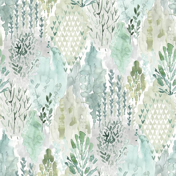 RoomMates Green Watercolor Tree Mosaic Peel and Stick Wallpaper, 20.5 in x 18 ft, Vinyl, Removable, No Sticky Residue, For Smooth Surfaces