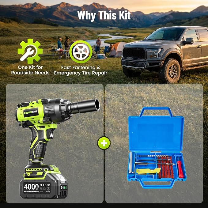 1032 ft-lbs(1400N.m) 1/2 Inch Cordless Brushless Impact Wrench | Includes 2x4.0Ah batteries and fast charger with 11pc tire repair kit, 3-speed, auto-stop, LED light, for car truck RV mower