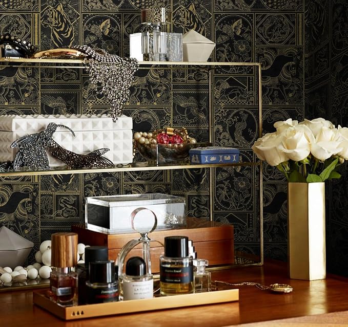 Erfoni Black and Gold Wallpaper Vintage Peel and Stick Wallpaper Special Animals Pattern Contact Paper Stick and Peel Self Adhesive Removable Wall Paper for Countertop Cabinets Covering 78.7"x17.7"