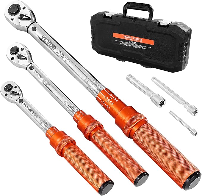 VEVOR 1/4 3/8 1/2 Inch Drive Torque Wrench, 3Pcs Click Torque Wrench Set 20-240IN-LB, 5-45FT-LB, 10-170FT-LB, Dual-Direction Adjustable 72 Tooth for Bicycle, Moto and Car Maintenance